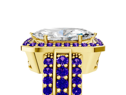 Yellow gold Marquise Cut Halo Diamond Ring with Round with Tanzanite side stone Split Shank and Prong Setting_5