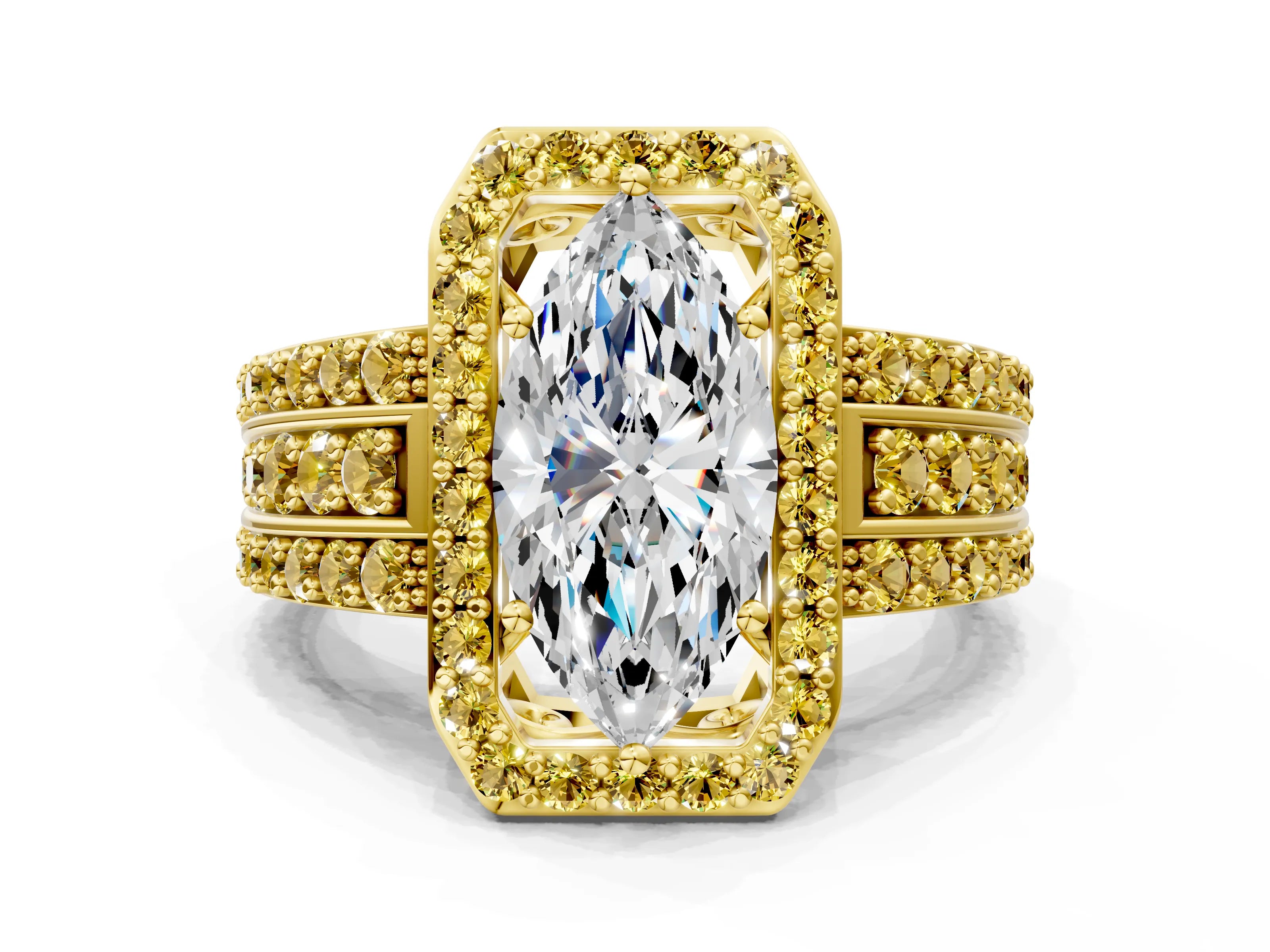 Yellow gold Marquise Cut Halo Diamond Ring with Round with Yellow Sapphire side stone Split Shank and Prong Setting