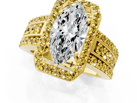 Yellow gold Marquise Cut Halo Diamond Ring with Round with Yellow Sapphire side stone Split Shank and Prong Setting_1