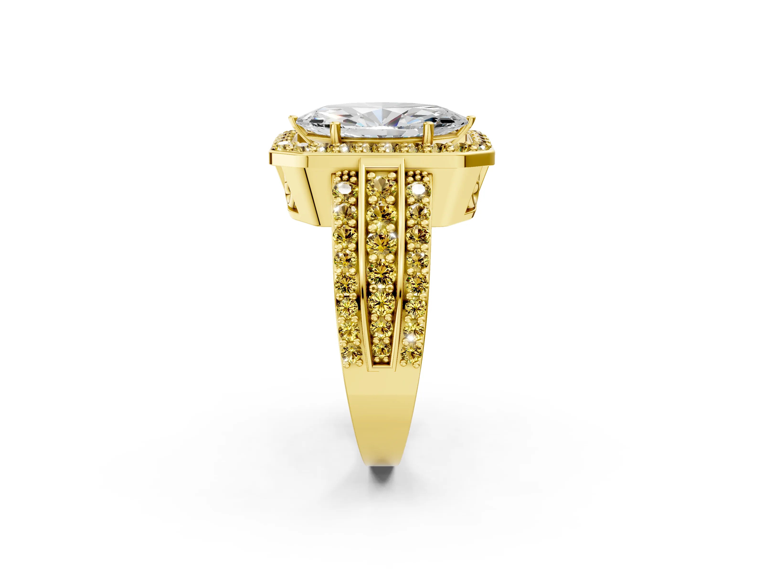 Yellow gold Marquise Cut Halo Diamond Ring with Round with Yellow Sapphire side stone Split Shank and Prong Setting_2