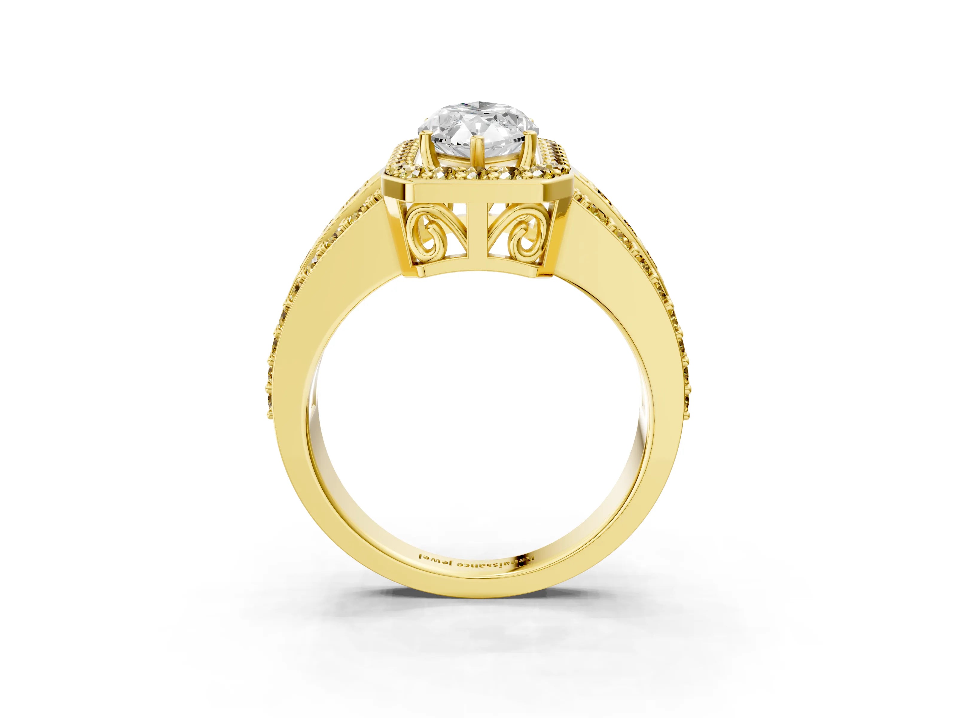 Yellow gold Marquise Cut Halo Diamond Ring with Round with Yellow Sapphire side stone Split Shank and Prong Setting_3