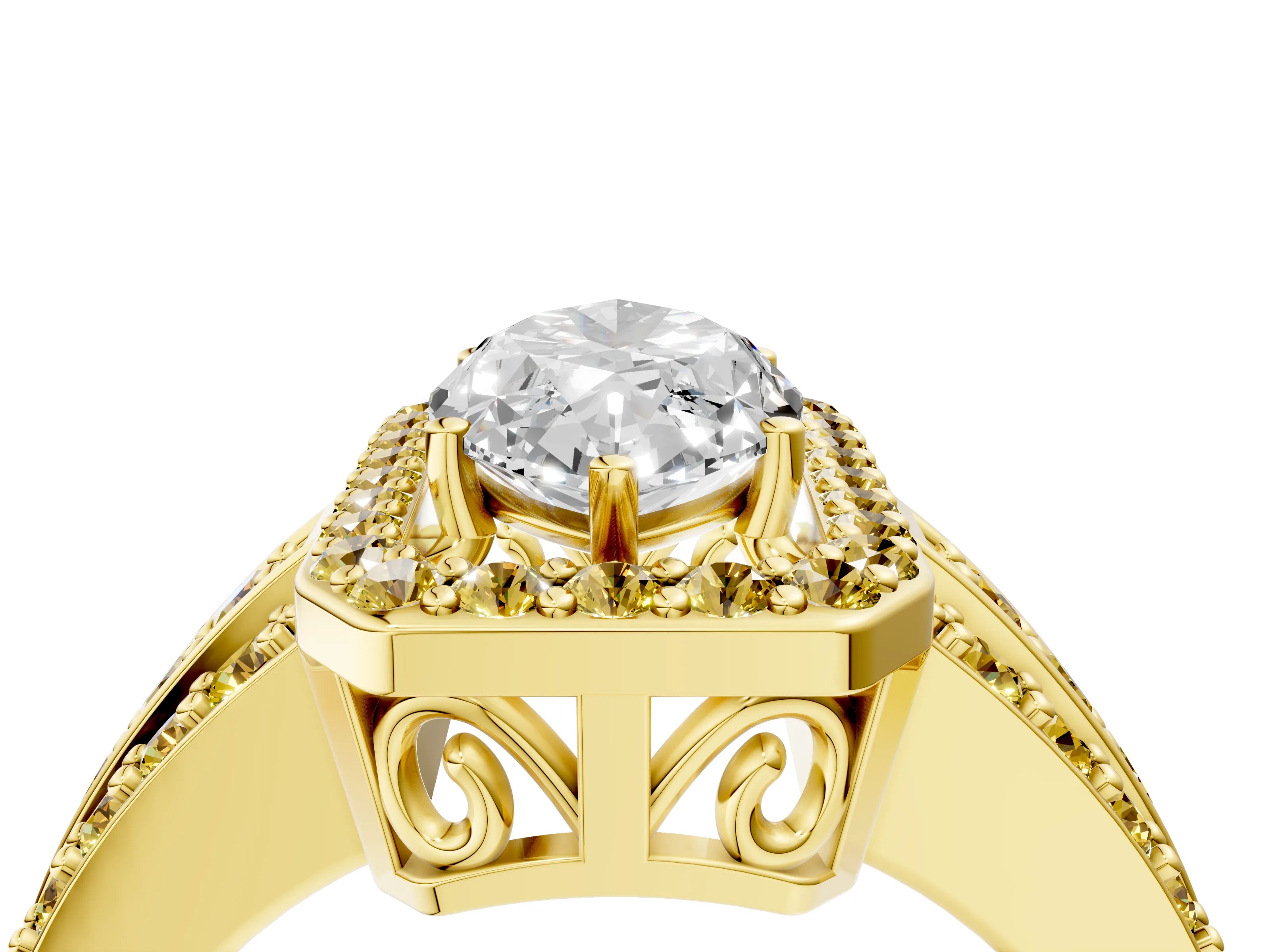 Yellow gold Marquise Cut Halo Diamond Ring with Round with Yellow Sapphire side stone Split Shank and Prong Setting_4
