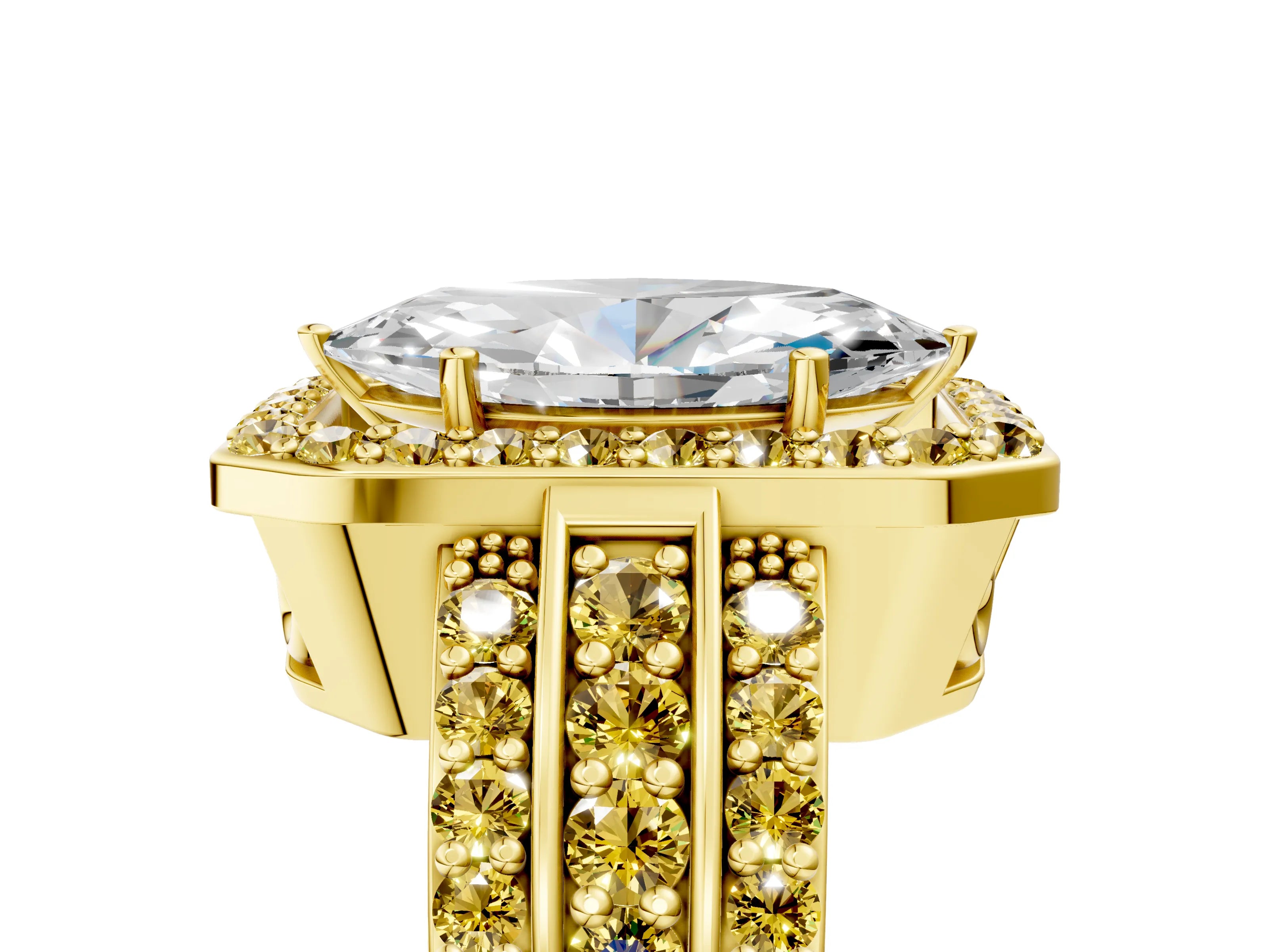 Yellow gold Marquise Cut Halo Diamond Ring with Round with Yellow Sapphire side stone Split Shank and Prong Setting_5