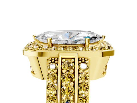 Yellow gold Marquise Cut Halo Diamond Ring with Round with Yellow Sapphire side stone Split Shank and Prong Setting_5