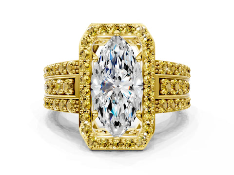 Yellow gold Marquise Cut Halo Diamond Ring with Round with Yellow Sapphire side stone Split Shank and Prong Setting