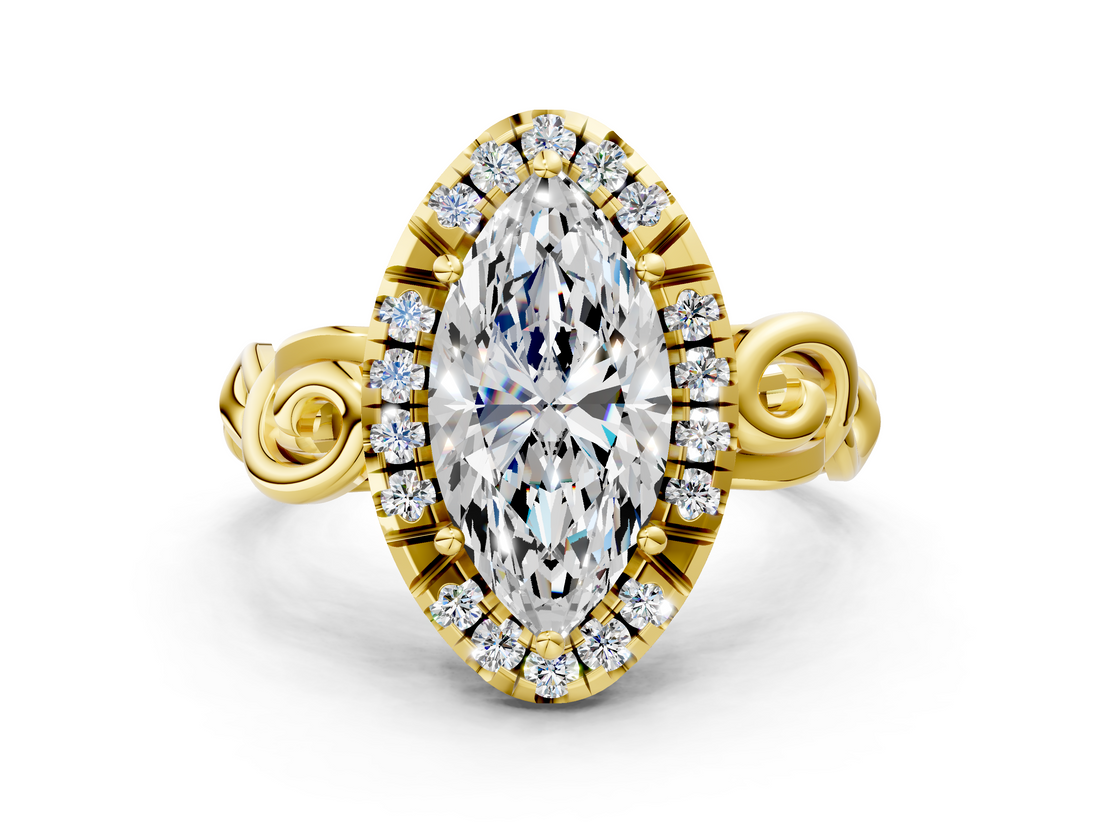 Yellow gold Marquise Cut Halo Diamond Ring with Scrollwork Band and Four-Prong Setting_83