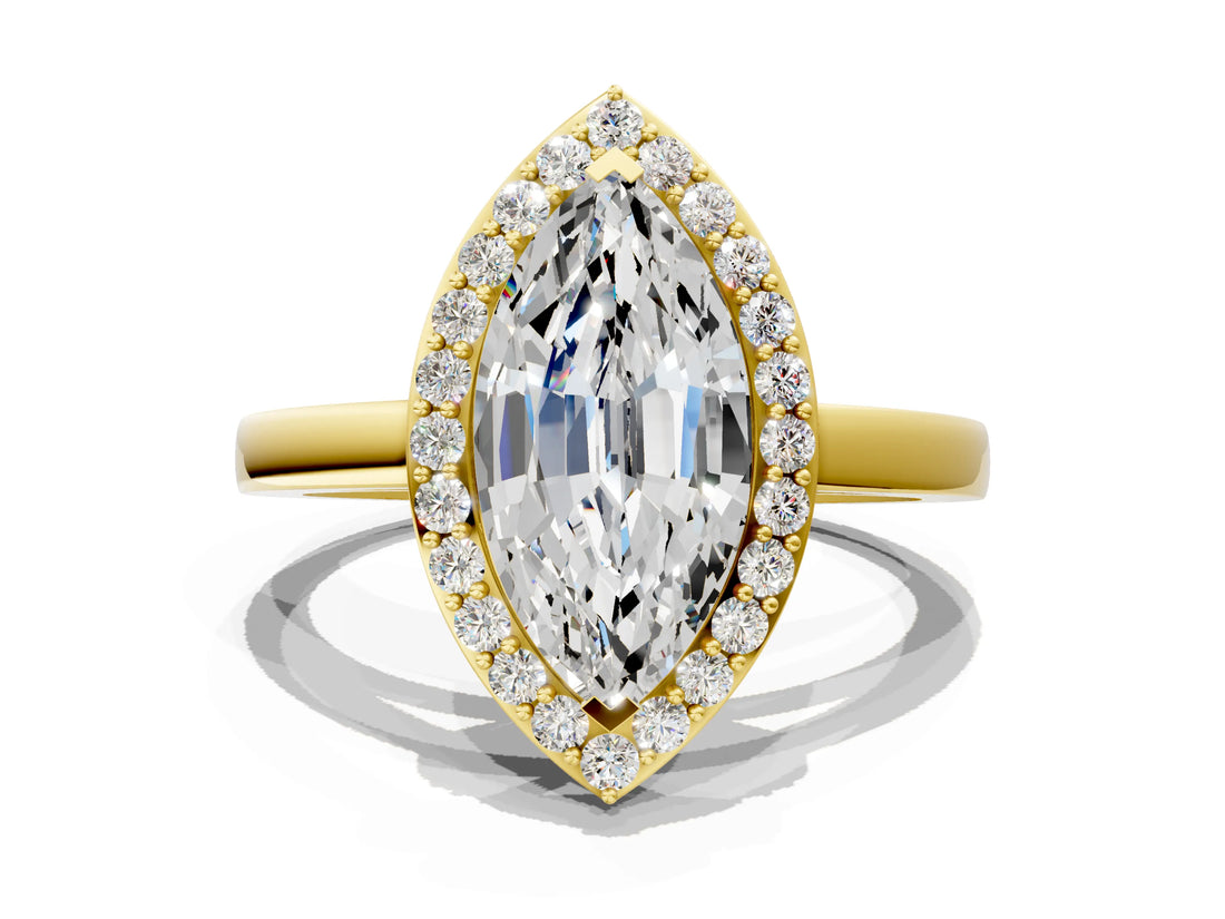 Yellow gold Marquise Cut Halo Diamond Ring with Solitaire Band and Prong Setting_13