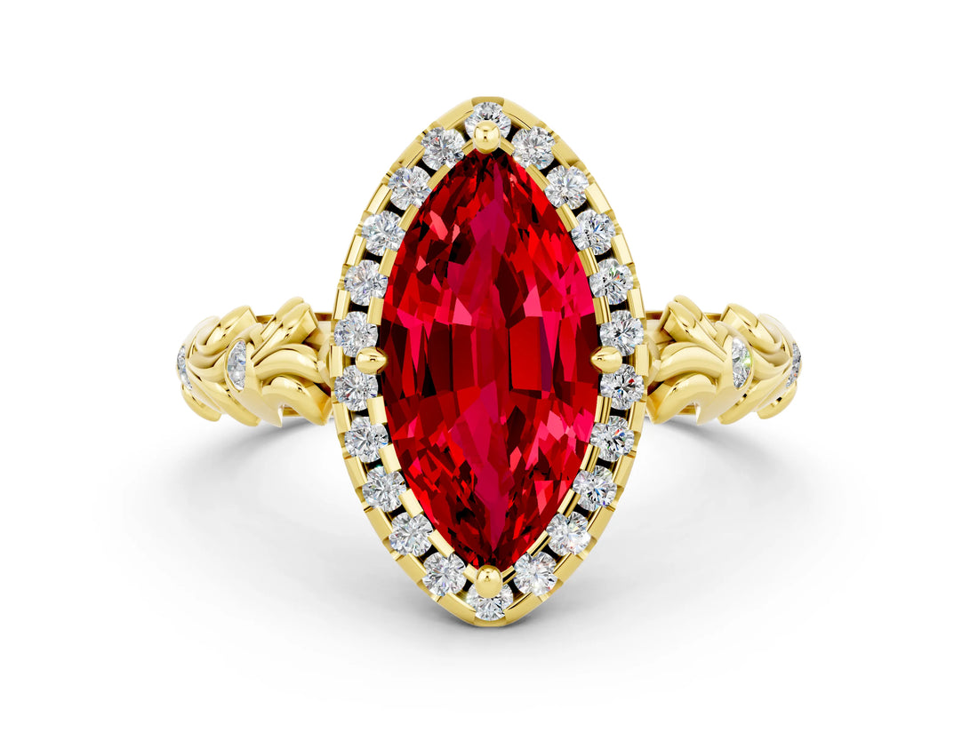 Yellow gold Marquise Cut Halo Diamond Solitaire with Filigree Band and Four-Prong Setting