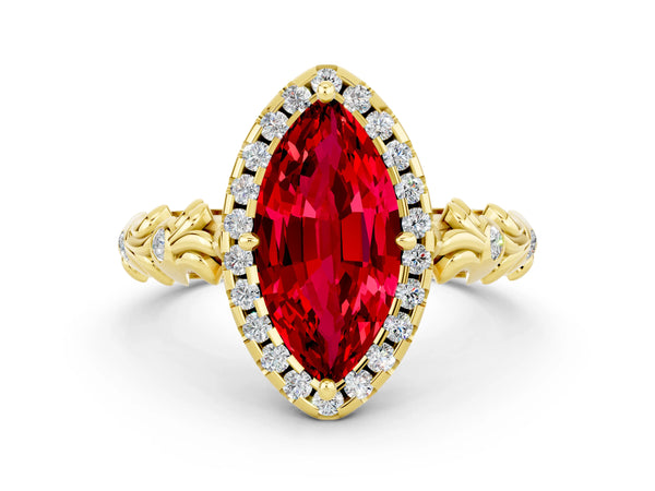 Yellow gold Marquise Cut Ruby Halo Ring with Filigree Band and Prong Setting
