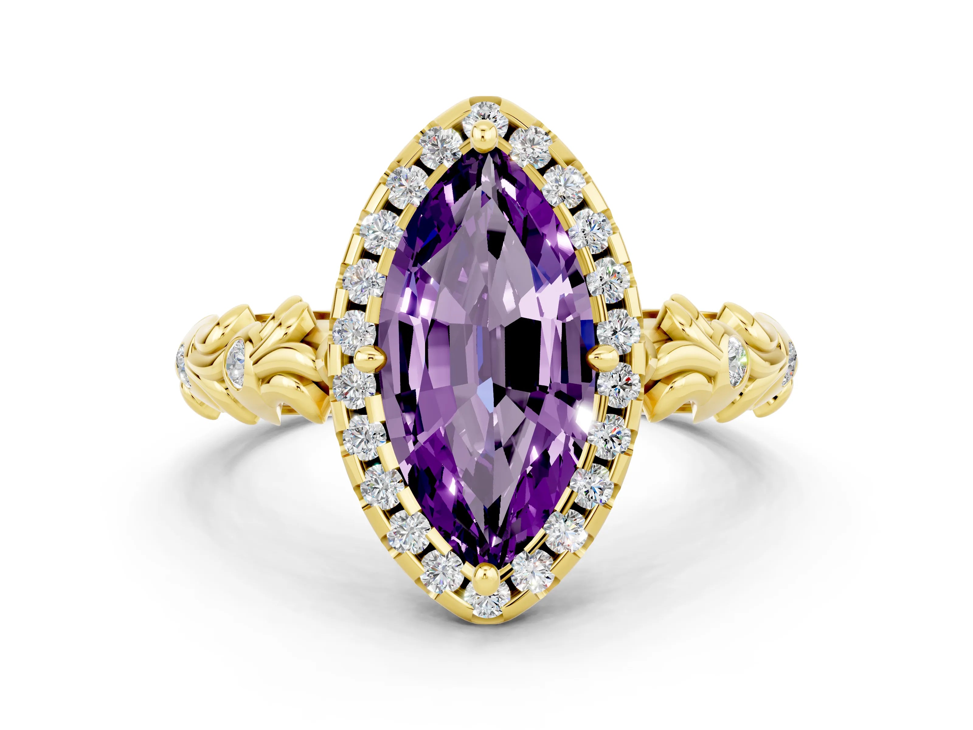 Yellow gold Marquise Cut Halo Diamond Solitaire with Filigree Band and Four-Prong Setting