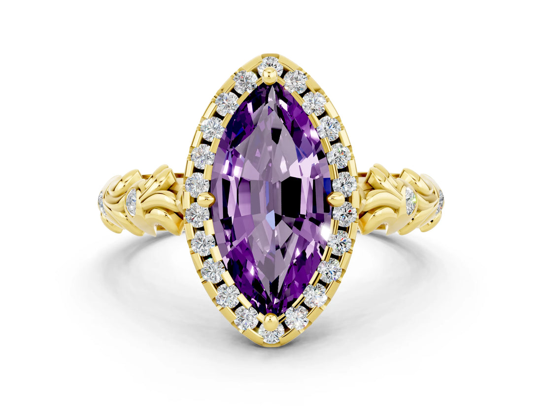 Yellow gold Marquise Cut Halo Diamond Solitaire with Filigree Band and Four-Prong Setting
