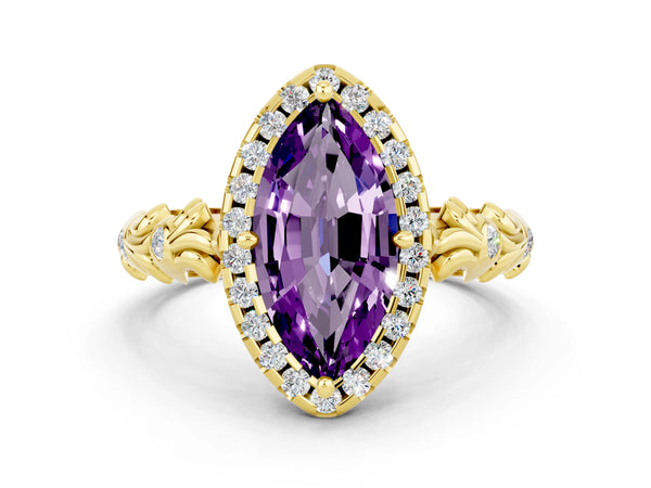 Yellow gold Marquise Cut Amethyst Halo Ring with Filigree Band and Prong Setting