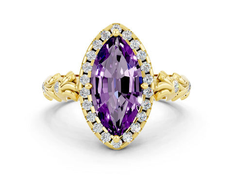Yellow gold Marquise Cut Halo Diamond Solitaire with Filigree Band and Four-Prong Setting