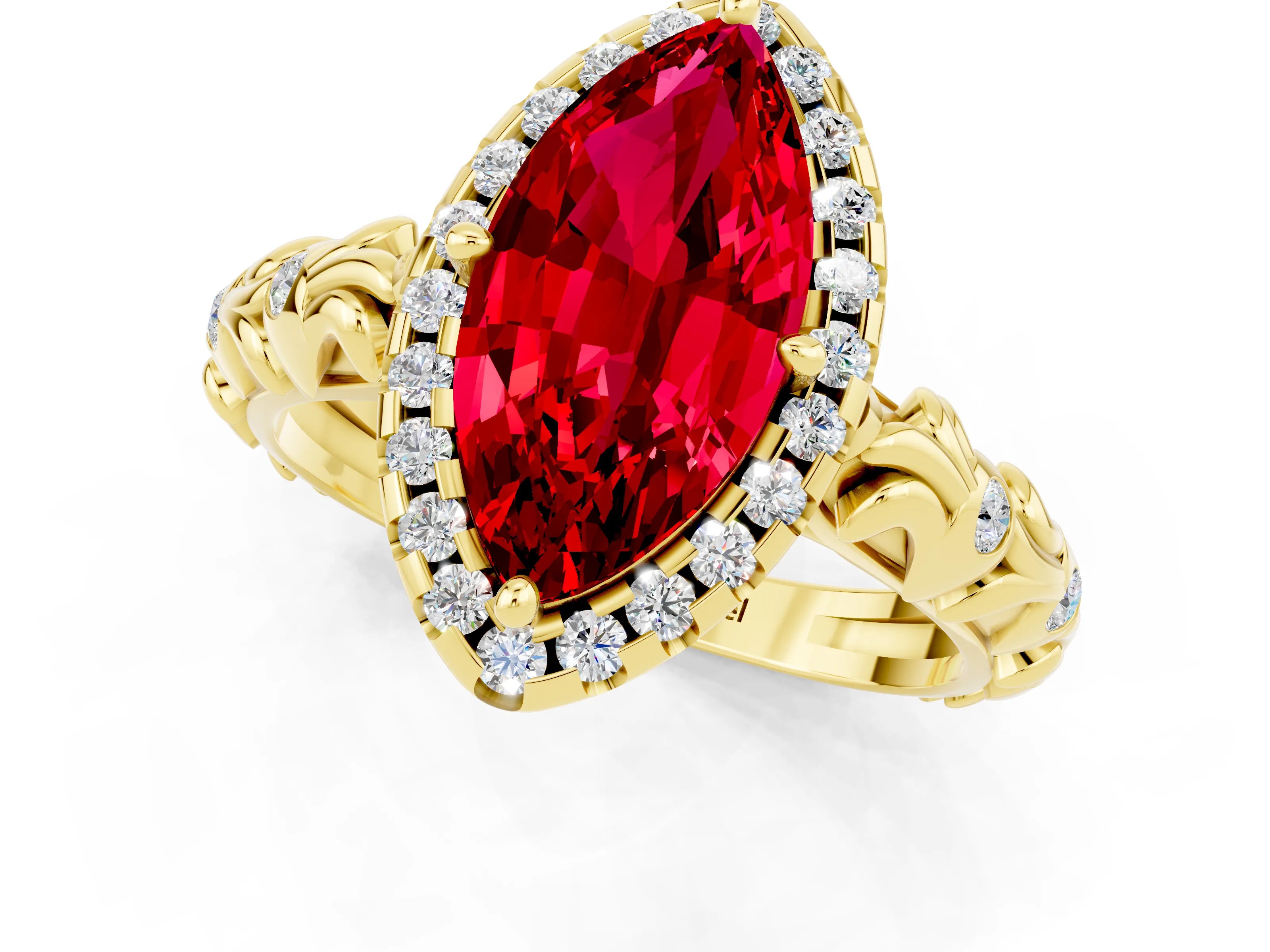 Yellow gold Marquise Cut Halo Diamond Solitaire with Filigree Band and Four-Prong Setting_1