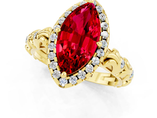 Yellow gold Marquise Cut Ruby Halo Ring with Filigree Band and Prong Setting