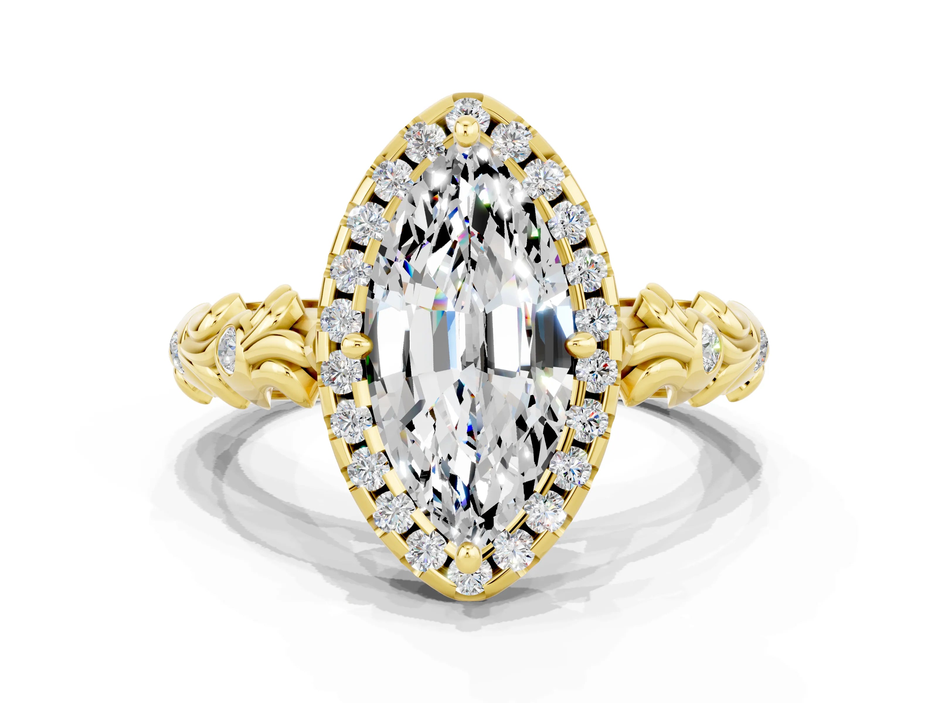 Yellow gold Marquise Cut Halo Diamond Solitaire with Filigree Band and Four-Prong Setting