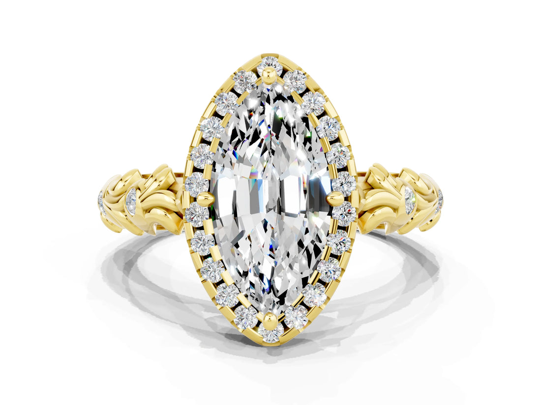 Yellow gold Marquise Cut Halo Diamond Solitaire with Filigree Band and Four-Prong Setting