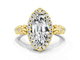 Yellow gold Marquise Cut Halo Diamond Solitaire with Filigree Band and Four-Prong Setting