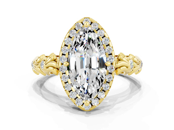 Yellow gold Marquise Cut Moissanite Halo Ring with Filigree Band and Prong Setting