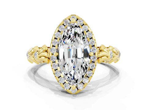 Yellow gold Marquise Cut Halo Diamond Solitaire with Filigree Band and Four-Prong Setting