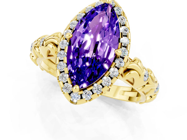 Yellow gold Marquise Cut Tanzanite Halo Ring with Filigree Band and Prong Setting