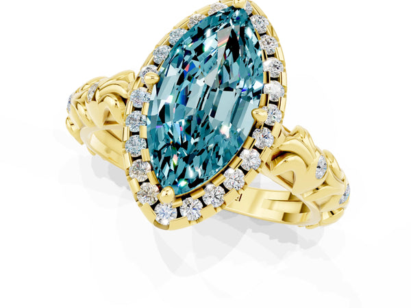 Yellow gold Marquise Cut Halo Diamond Solitaire with Filigree Band and Four-Prong Setting