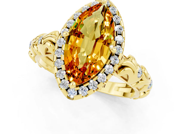 Yellow gold Marquise Cut Citrine Halo Ring with Filigree Band and Prong Setting