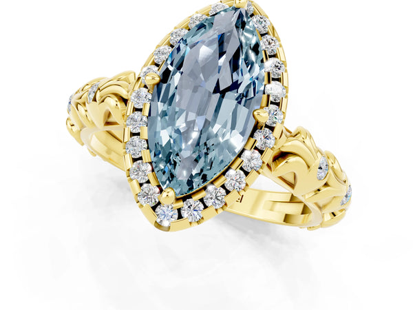 Yellow gold Marquise Cut Aquamarine Halo Ring with Filigree Band and Prong Setting