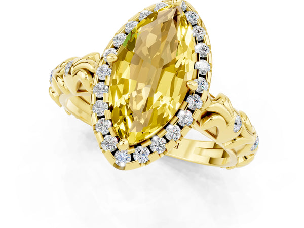 Yellow gold Marquise Cut Yellow Sapphire Halo Ring with Filigree Band and Prong Setting