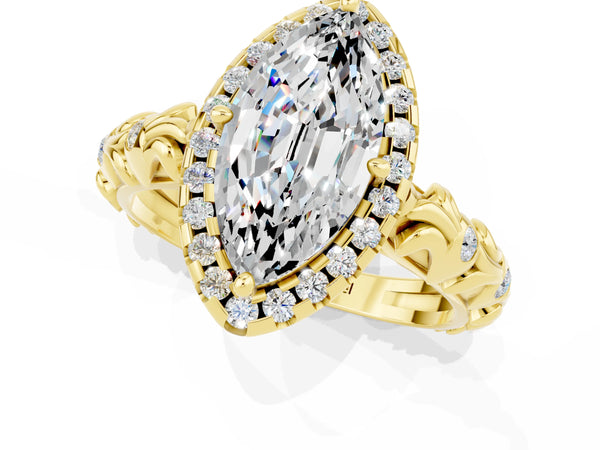 Yellow gold Marquise Cut Moissanite Halo Ring with Filigree Band and Prong Setting