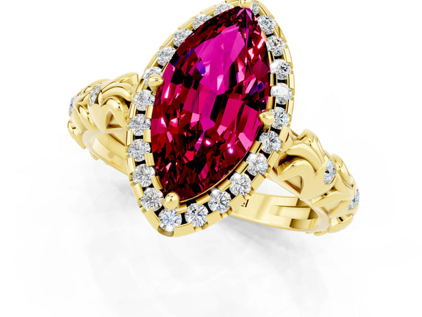 Yellow gold Marquise Cut Garnet Halo Ring with Filigree Band and Prong Setting
