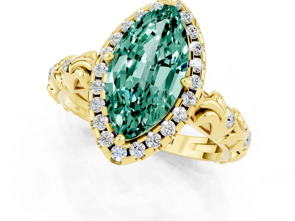 Yellow gold Marquise Cut Green Sapphire Halo Ring with Filigree Band and Prong Setting