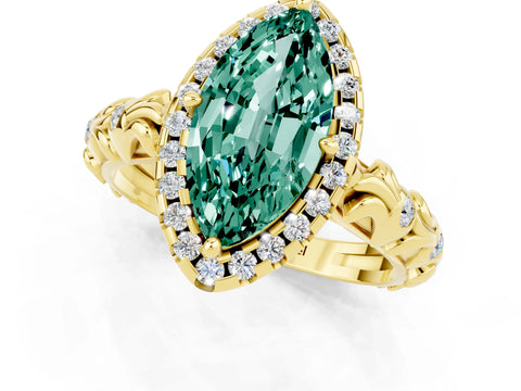 Yellow gold Marquise Cut Halo Diamond Solitaire with Filigree Band and Four-Prong Setting_1