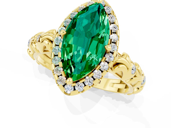 Yellow gold Marquise Cut Emerald Halo Ring with Filigree Band and Prong Setting