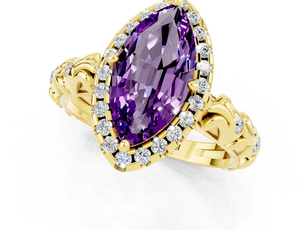 Yellow gold Marquise Cut Amethyst Halo Ring with Filigree Band and Prong Setting