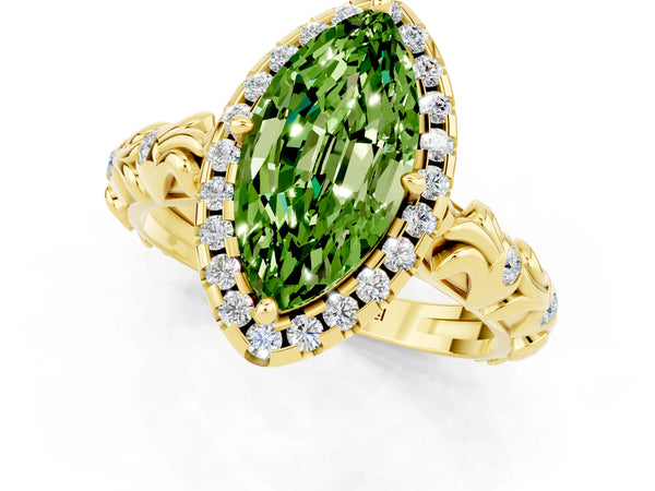 Yellow gold Marquise Cut Peridot Halo Ring with Filigree Band and Prong Setting