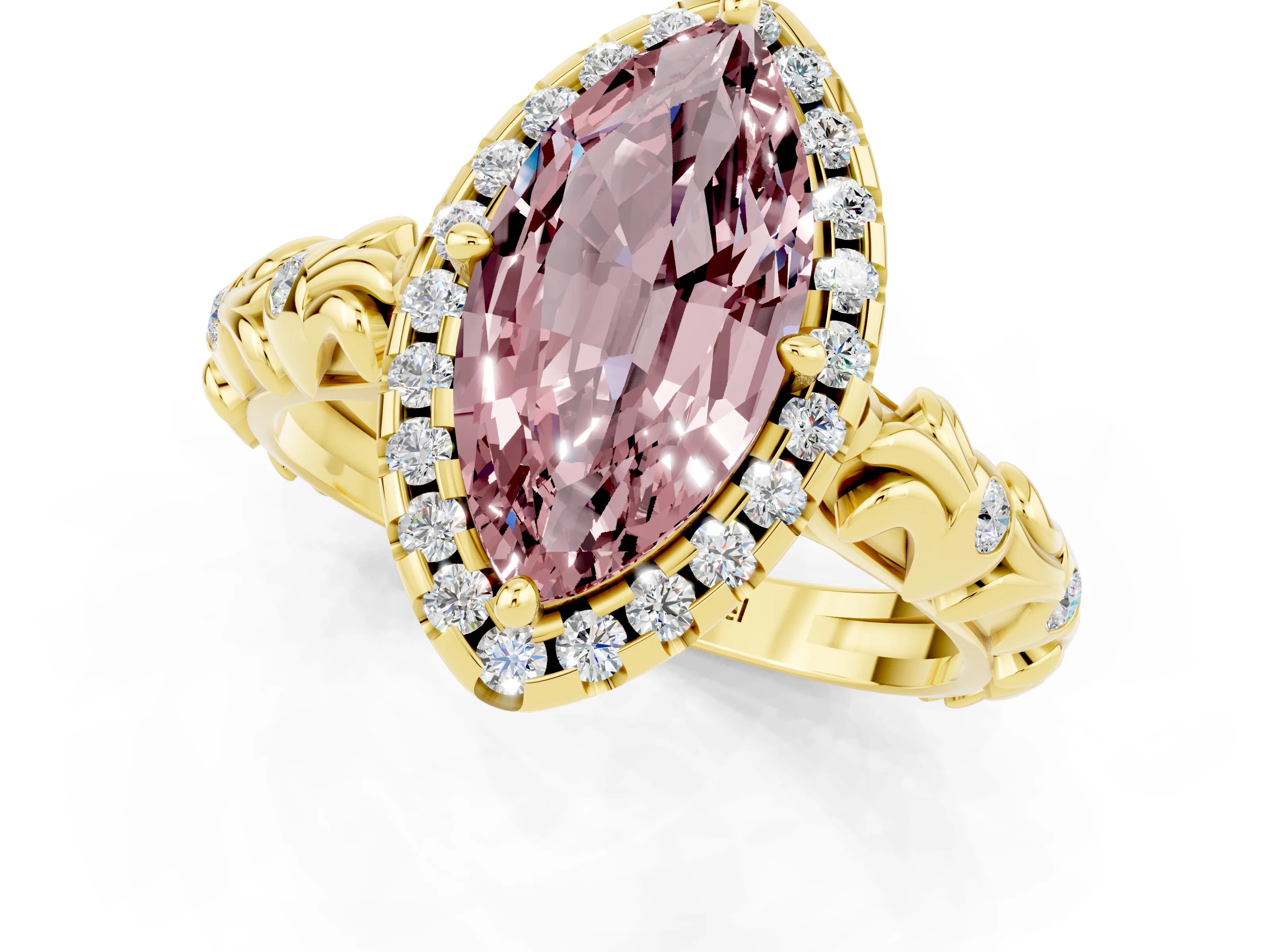 Yellow gold Marquise Cut Halo Diamond Solitaire with Filigree Band and Four-Prong Setting_1