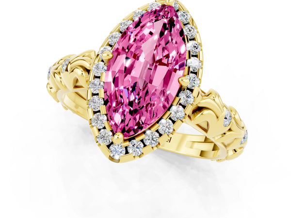 Yellow gold Marquise Cut Pink Sapphire Halo Ring with Filigree Band and Prong Setting