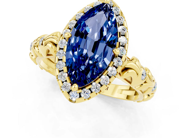 Yellow gold Marquise Cut Blue Sapphire Halo Ring with Filigree Band and Prong Setting