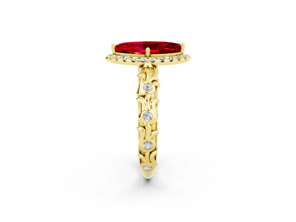 Yellow gold Marquise Cut Ruby Halo Ring with Filigree Band and Prong Setting