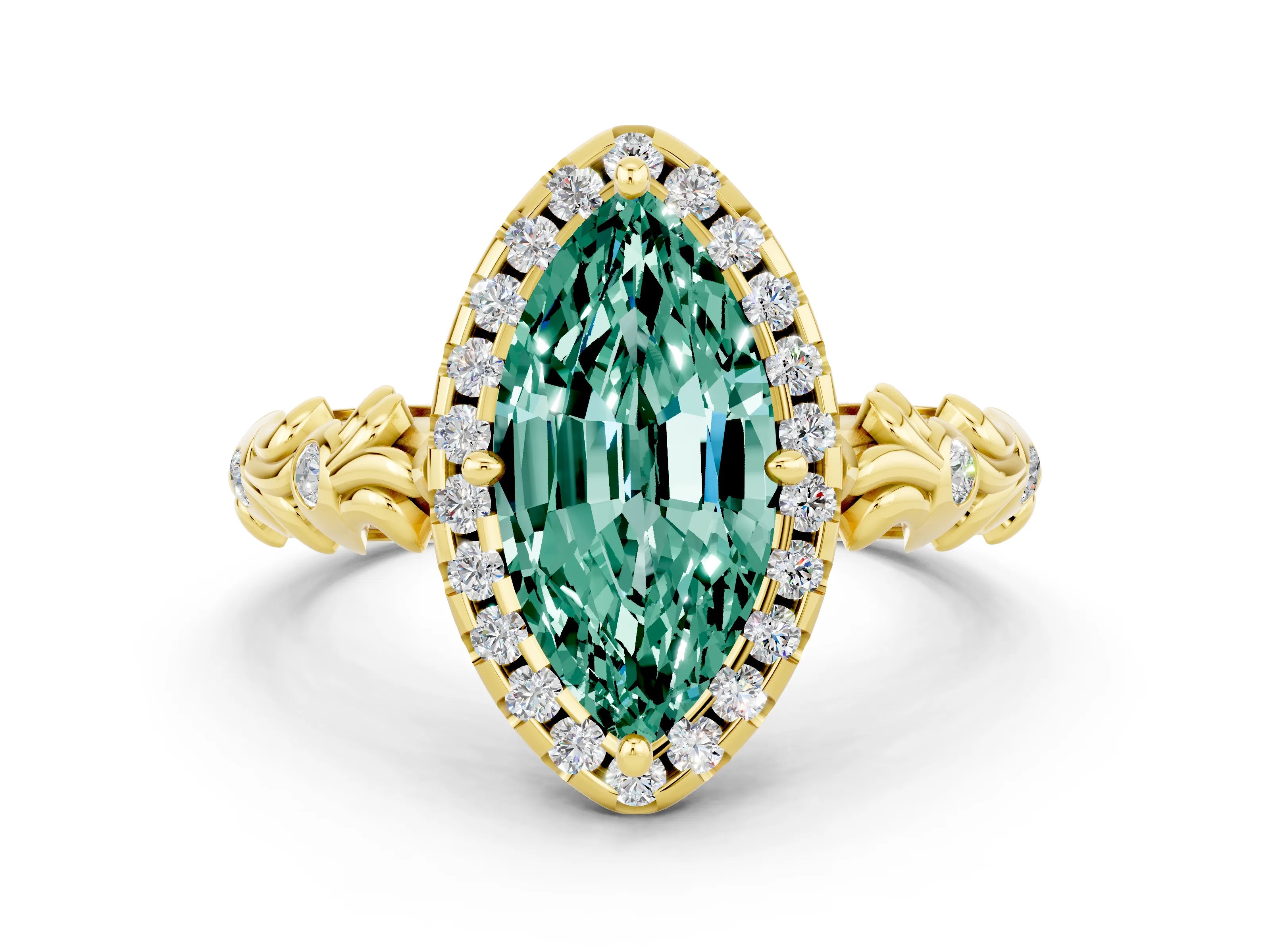 Yellow gold Marquise Cut Halo Diamond Solitaire with Filigree Band and Four-Prong Setting
