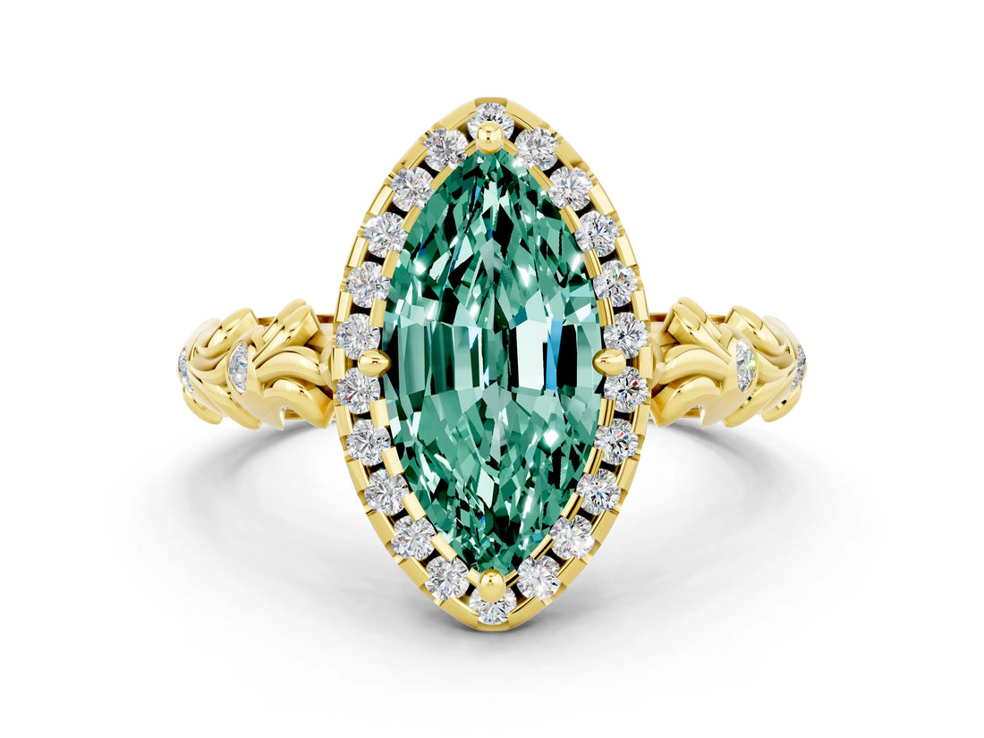 Yellow gold Marquise Cut Halo Diamond Solitaire with Filigree Band and Four-Prong Setting