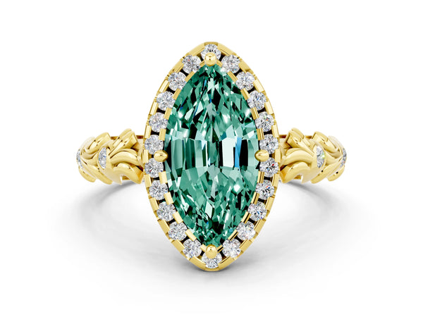 Yellow gold Marquise Cut Green Sapphire Halo Ring with Filigree Band and Prong Setting