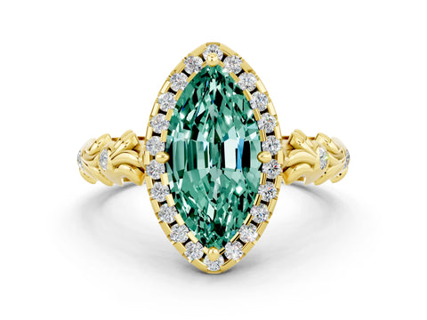Yellow gold Marquise Cut Halo Diamond Solitaire with Filigree Band and Four-Prong Setting