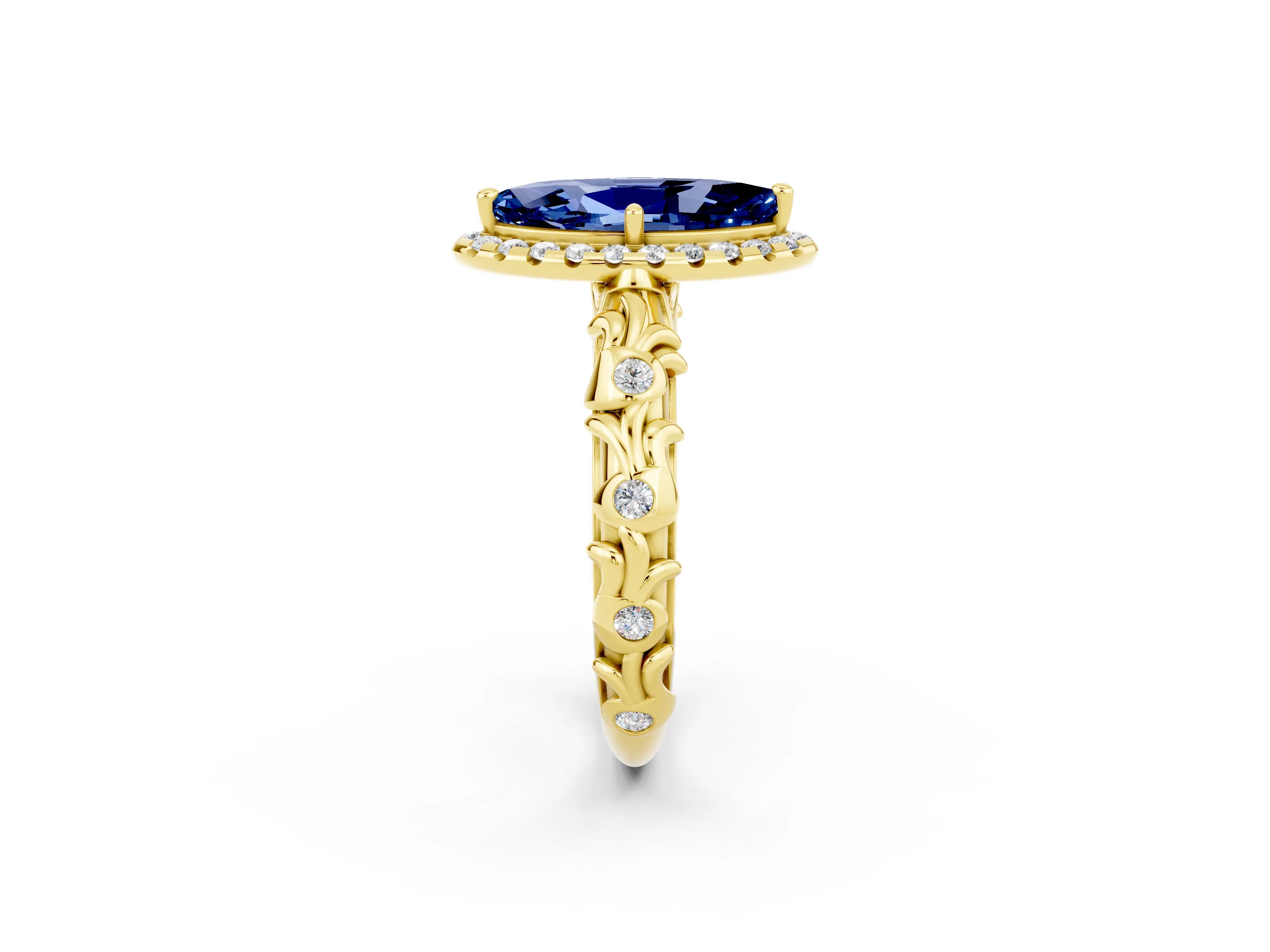 Yellow gold Marquise Cut Halo Diamond Solitaire with Filigree Band and Four-Prong Setting_2