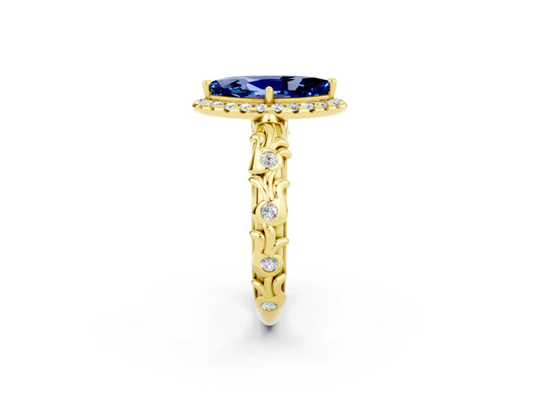 Yellow gold Marquise Cut Blue Sapphire Halo Ring with Filigree Band and Prong Setting