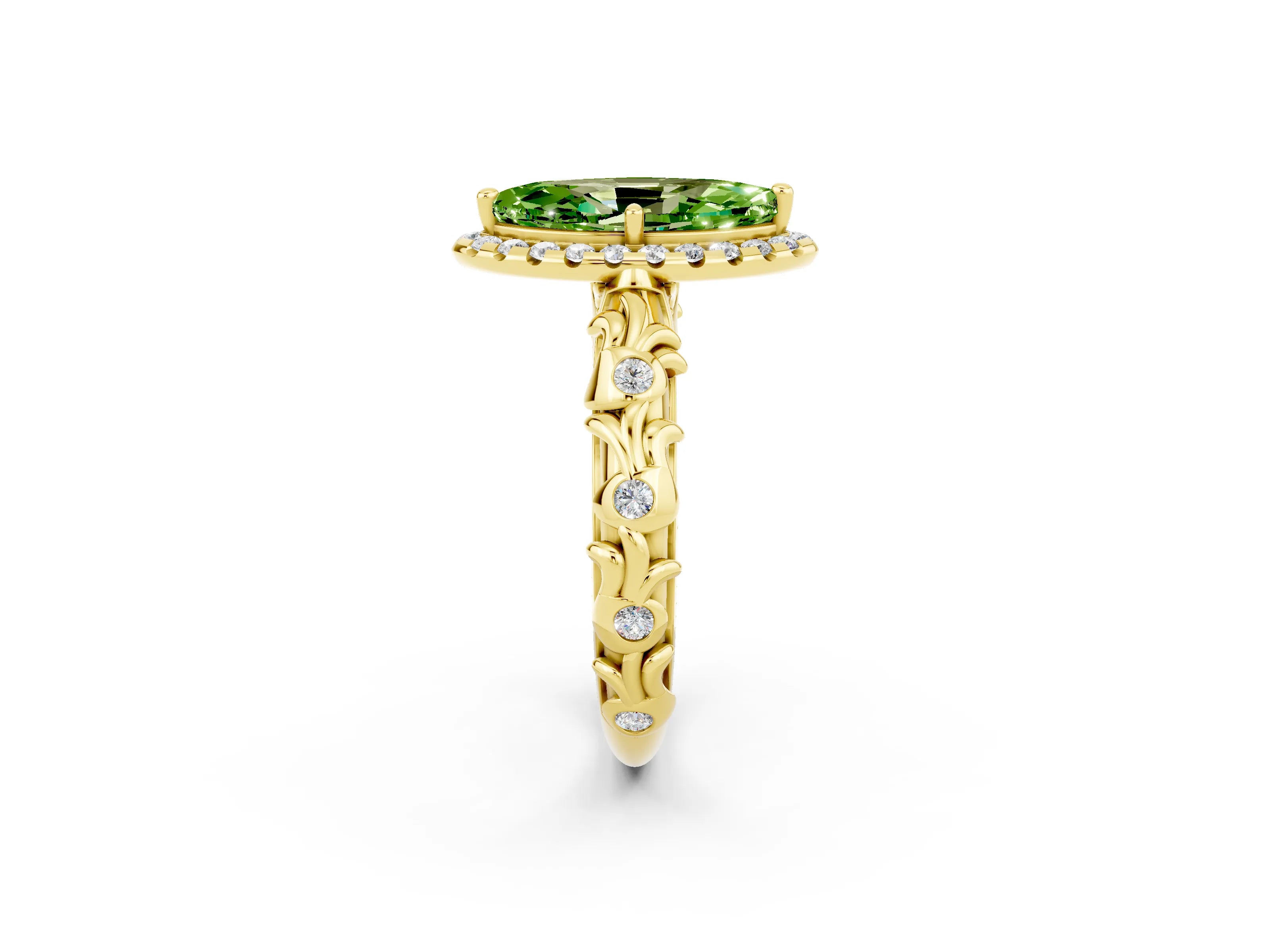 Yellow gold Marquise Cut Halo Diamond Solitaire with Filigree Band and Four-Prong Setting_2