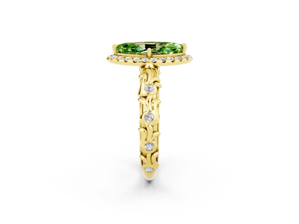 Yellow gold Marquise Cut Peridot Halo Ring with Filigree Band and Prong Setting