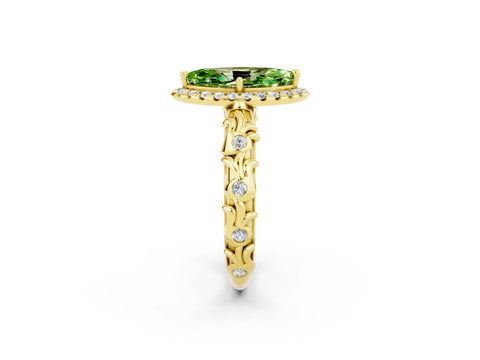 Yellow gold Marquise Cut Halo Diamond Solitaire with Filigree Band and Four-Prong Setting_2