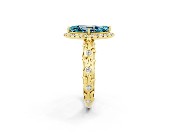 Yellow gold Marquise Cut Halo Diamond Solitaire with Filigree Band and Four-Prong Setting